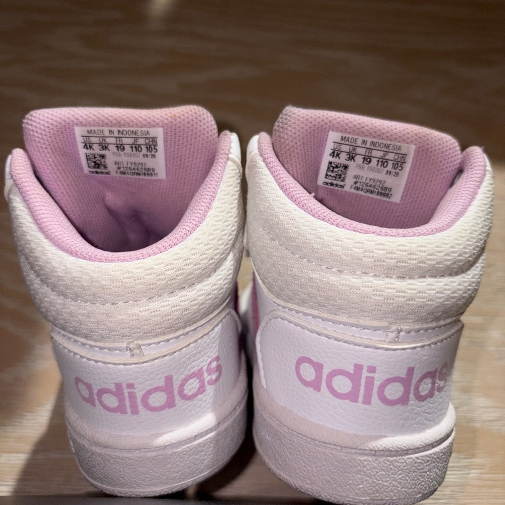 adidas HOOPS MID 2.01 Kids High Top Sneakers - White and Pink Glitter Strips - Picture 6 of 8